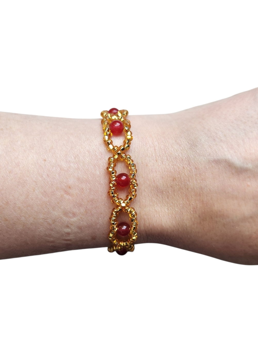 Dyed Red Jade & Gold Czech Beaded Link Bracelet